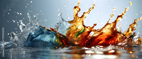 Vivid splashes of blue, orange, and yellow liquids colliding and creating dynamic waves against a blue backdrop, expressing energy and movement