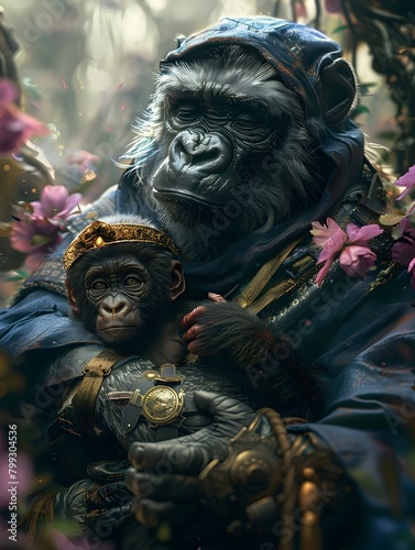 Mystical Guardians A Nightblade and Baby Gorilla s Ethereal Bond in an Enchanted Woodland