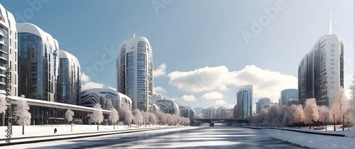 Snow-covered urban riverscape with contemporary buildings reflecting a cold, technologically advanced society photo