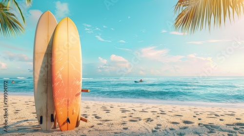 The Surfboard on a Sandy Beach photo