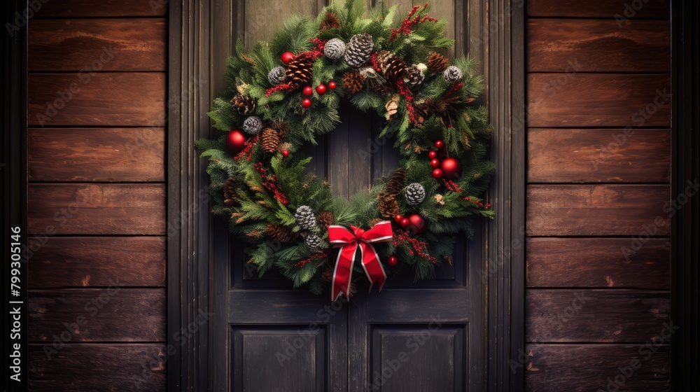 Rustic Christmas wreath hanging on an ornate wooden front door, detailed textures visible, high-resolution portrait for holiday decor