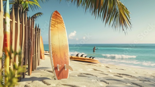 The Surfboard on a Sandy Beach