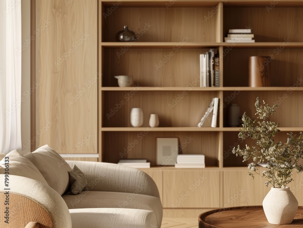 Zoomed-in detail of a small living room arrangement, focusing on smart storage solutions and sleek, modern aesthetics Zoomed-in detail of a small living room arrangement, focusing on smart storage solutions and sleek, modern aesthetics