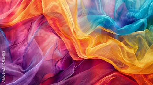 Widescreen view of multicolored fabric billowing gracefully in the wind, emphasizing movement and vibrant patterns