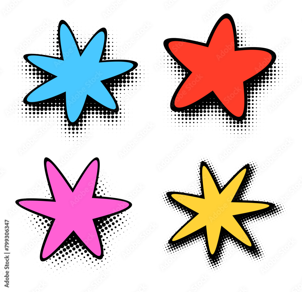 Obraz premium A lively assortment of star-shaped comic graphics in pop art colors with halftone textures, suitable for playful and impactful visual narratives.