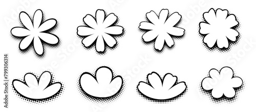 A classic set of black and white comic cloud shapes with halftone dot gradients, versatile for dialogue and sound effects in visual storytelling.