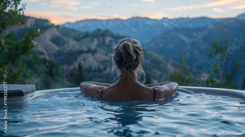 Solo traveler unwinding in a mountain-view hot tub, serene solitude at a luxury resort