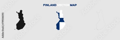 Finland Map Vector Pack. Map with Flag. Gray Map Silhouette. Gray Outline Map. Editable EPS file. 