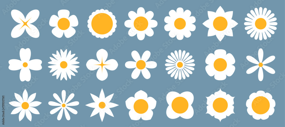 A charming ensemble of daisy illustrations, each showcasing unique petal styles against a calming slate blue background, perfect for spring and nature themes. A charming ensemble of daisy illustrations, each showcasing unique petal styles against a calming slate blue background, perfect for spring and nature themes.