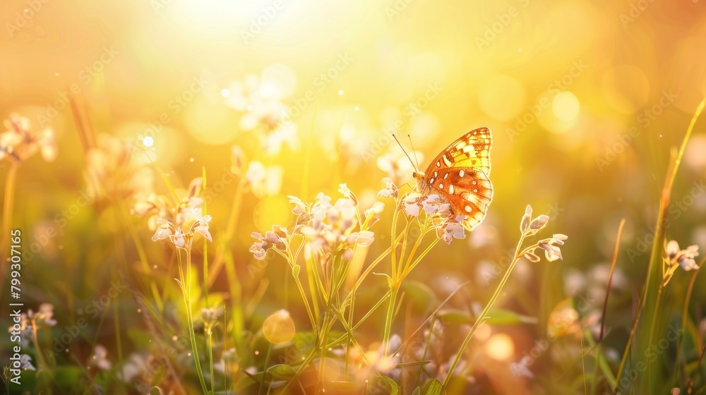 Beautiful butterflies flying over flowers and grass in fresh morning sunlight bokeh