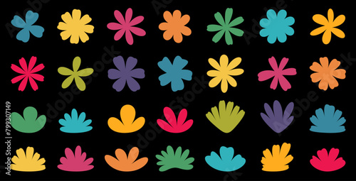 A lively spread of multicolored floral silhouettes set against a deep black canvas, showcasing a rich tapestry of hues.