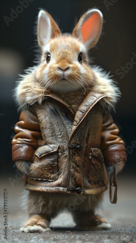 Stylish Rabbit in Sleek Faux Fur Jacket Striking Digital Rendering
