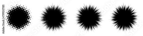 A series of four black halftone dot gradients varying in density and spread, perfect for backgrounds, textures, and graphic elements.