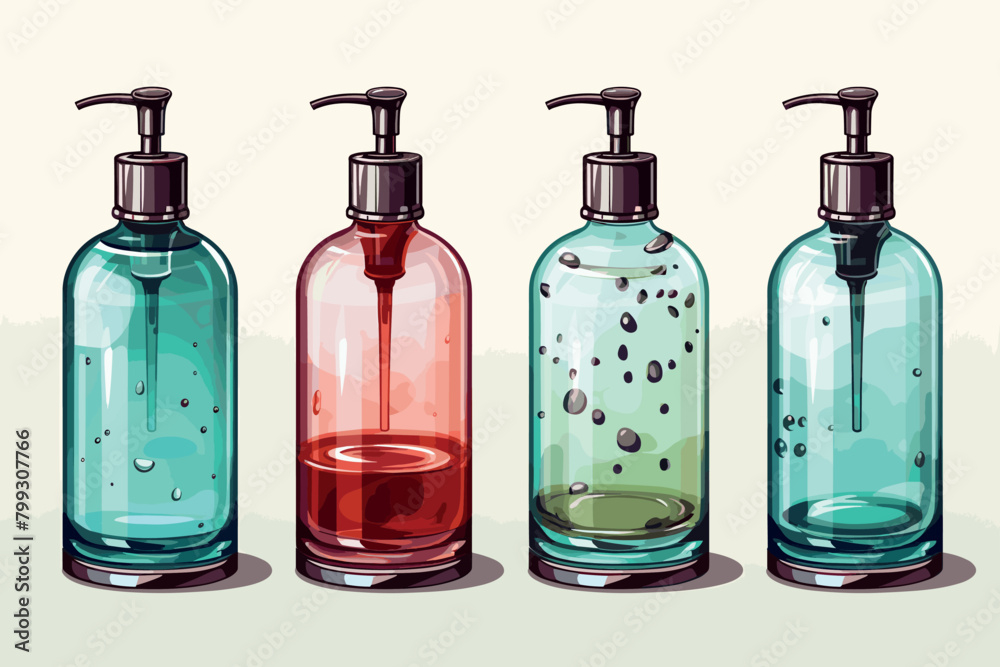 Set of realistic bottle mock-up in transparent green design, isolated on beige background, 3D illustration Set of realistic bottle mock-up in transparent green design, isolated on beige background, 3D illustration