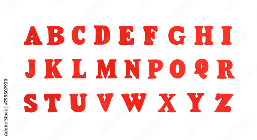 wooden letters of the English alphabet in red color on a isolated background close-up wooden letters of the English alphabet in red color on a isolated background close-up