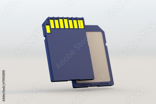 A small blue Secure Digital (SD) memory card sits on a white surface. The SD card has a small label on the top that may be used to store information about the card, such as the brand or storage. photo
