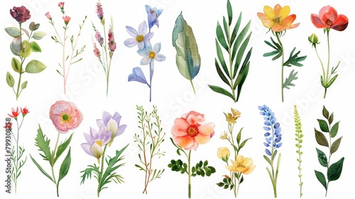Watercolor Floral Elements on White Background Generative AI