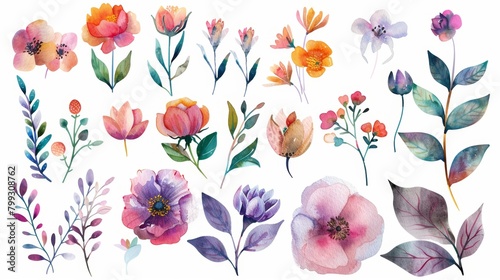 Watercolor Floral Elements on White Background Generative AI