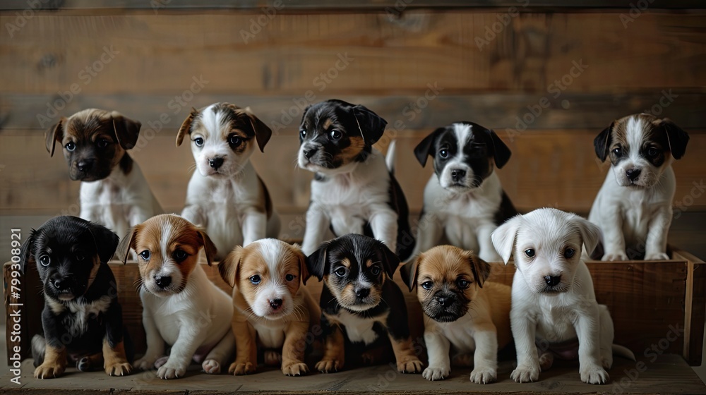 a group of cute and happy puppies as they sit together atop a wooden box, presented in a charming front view. a group of cute and happy puppies as they sit together atop a wooden box, presented in a charming front view.