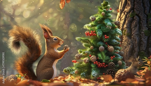 A family of squirrels decorates a towering Christmas tree in the forest, using acorns and berries, creating a rustic yet festive scene in a Christmas treethemed cartoon concept