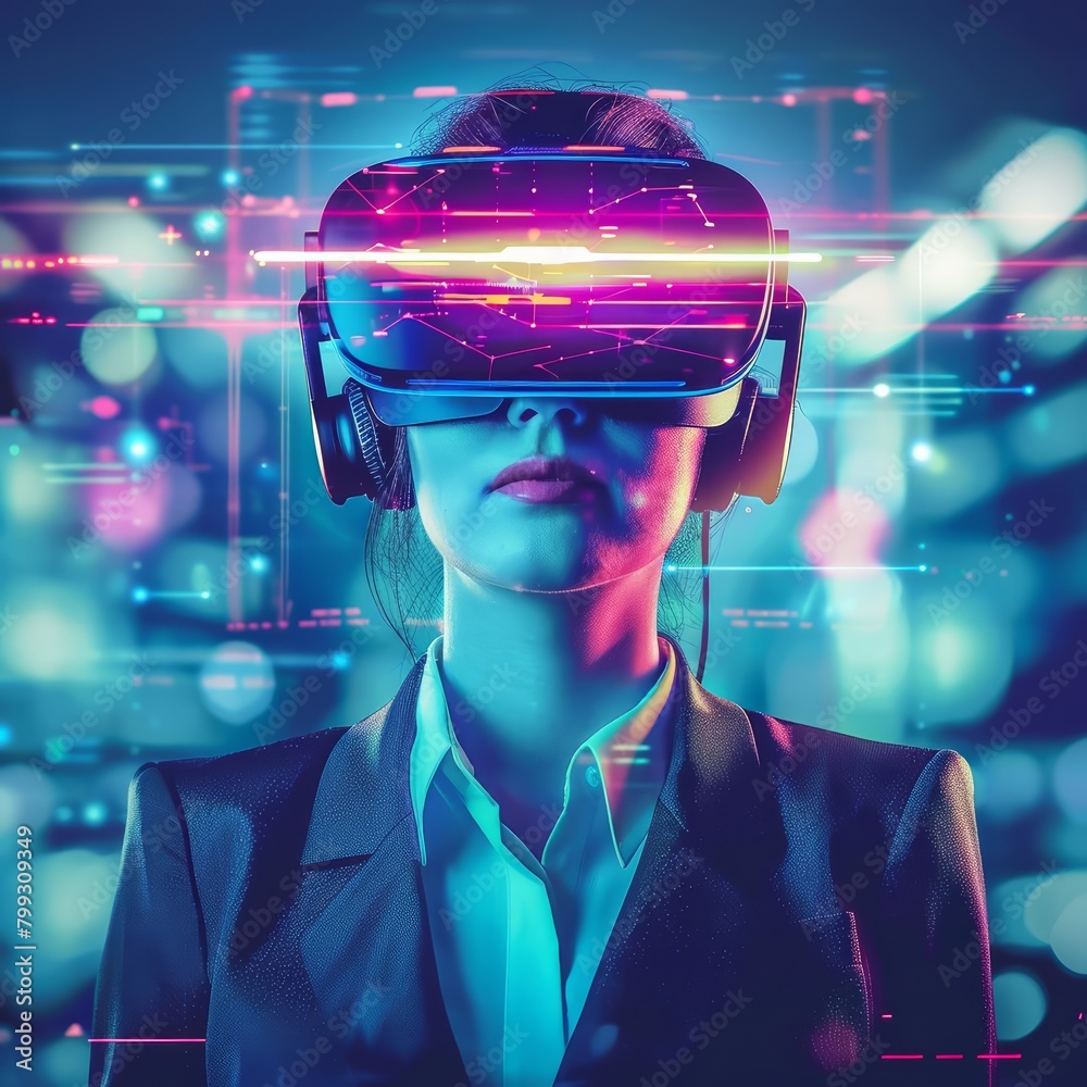 A photo of a woman wearing a virtual reality headset. A photo of a woman wearing a virtual reality headset.
