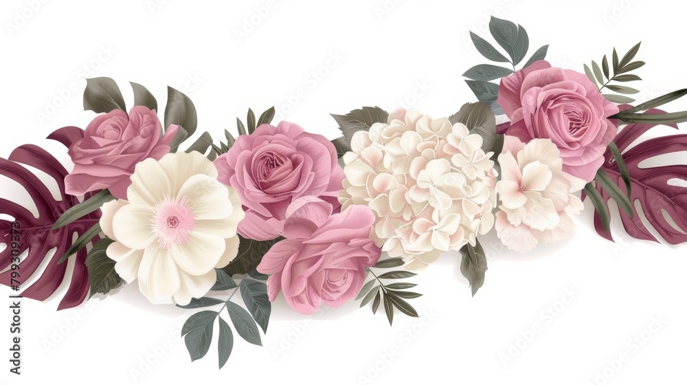 Delicate Floral Garland on White Background Generative AI