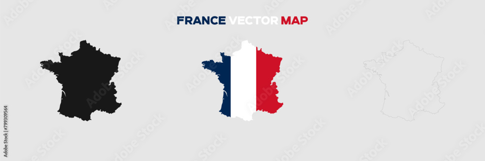 France Map Vector Pack. Map with Flag. Gray Map Silhouette. Gray Outline Map. Editable EPS file. 