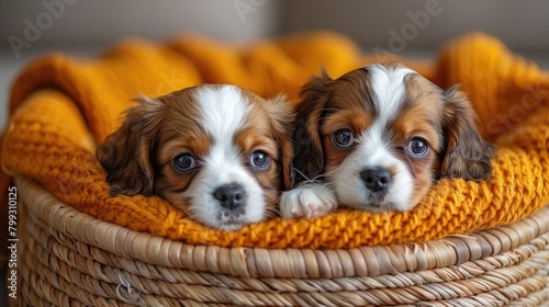 two cute and happy beige and white Cavalier King Charles Spaniel puppies as they play joyfully in a basket adorned with an orange blanket, set against a cheerful yellow background.