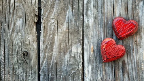 Celebrate Valentine s Day vibes with a rustic wooden background graced by two vibrant red hearts