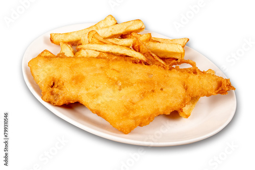Obraz na płótnie A piece of Halibut fish and chips with French fries on a white plate on a white