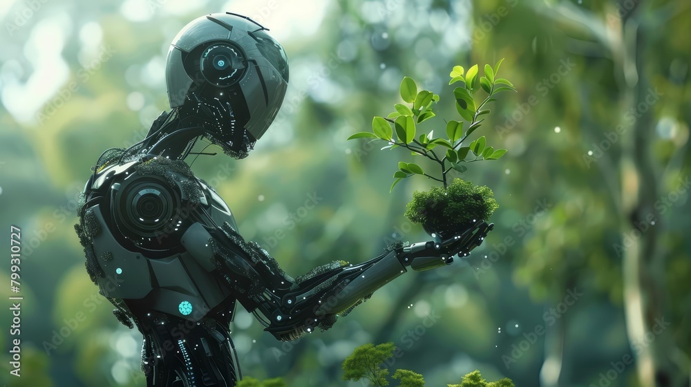 A robot is holding a plant in its hand