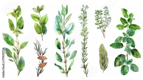 Vibrant Watercolor Herbs and Spices on White Background Generative AI