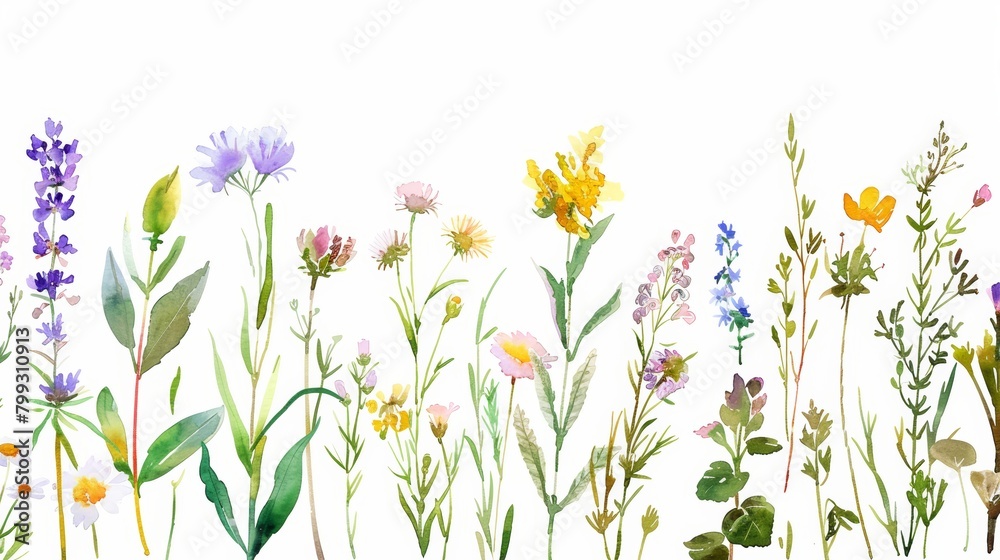Vibrant Watercolor Meadow with Herbs and Flowers Generative AI