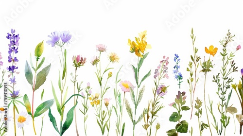 Vibrant Watercolor Meadow with Herbs and Flowers Generative AI © Alex