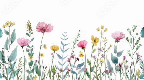 Vibrant Watercolor Meadow with Herbs and Flowers Generative AI