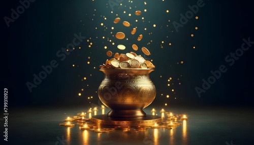 Realistic akshaya tritiya background with a pot with gold coins. photo