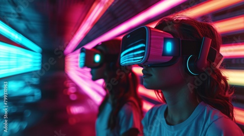 Virtual Reality Discovery, Duo Experiencing Next-Gen Tech in a Neon-Lit Lab, Witnessing the Unveiling of a New Dimension
