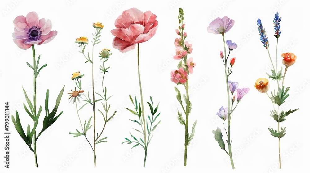 Fototapeta premium Watercolor Floral Decorations on White Background Generative AI
