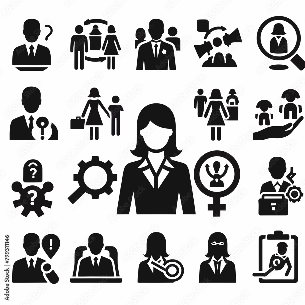 Human Resources icon set silhouette vector illustration White Background, Human Resources, Recruitment, Employment, business, office, company, management
