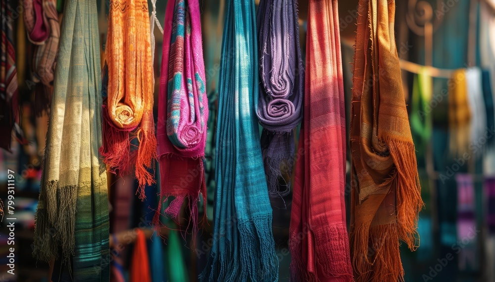 Dyed textiles hang in the market, their colors telling ancient stories, bright water color