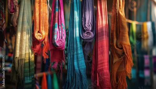 Dyed textiles hang in the market, their colors telling ancient stories, bright water color photo