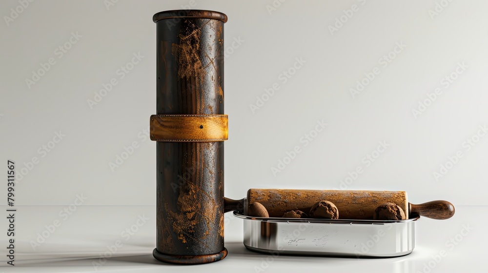 Obraz premium a tall wooden scroll box featuring a leather sleeve and rolling pin, accompanied by an open silver tray overflowing with delectable cookies, against a clean white backdrop.