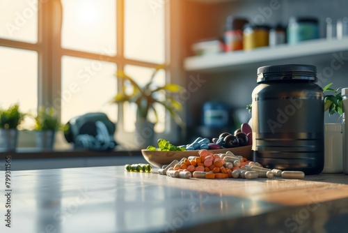 A variety of supplements and pills are sitting on a table. There is a large window in the background and plants sitting on the table. The lighting is soft and natural.