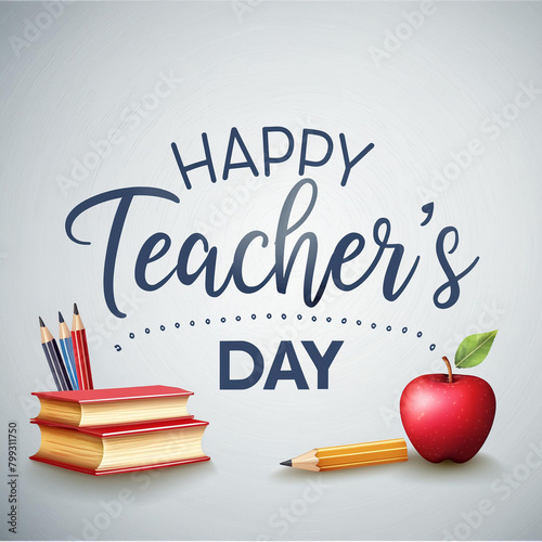 Happy Teacher's Day Banner with apple, Pencils and books photo