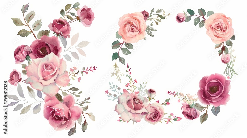 Watercolor Rose Wreath Frame Design on White Background Generative AI