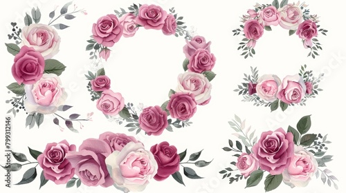 Watercolor Rose Wreath Frame Design on White Background Generative AI