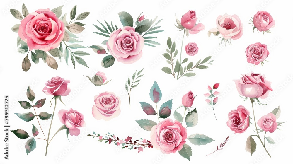 Botanic Garden Watercolor Arrangements with Pink Roses Generative AI