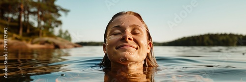 A smiling woman  with closed eyes and wet hair is swimming in a river. photo