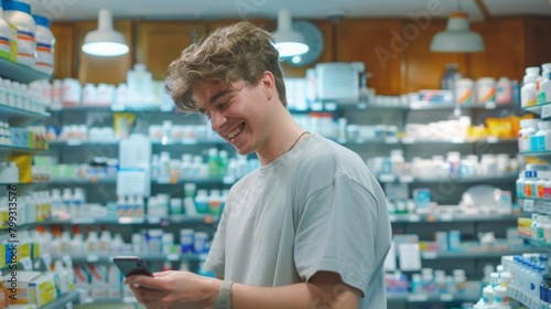 Young Man Texting in Pharmacy photo