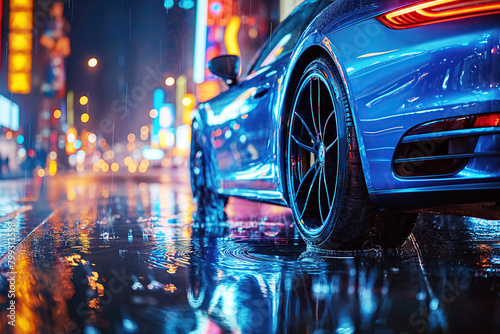 luxury blue car in city on road at night with rain. Back rear wheel on wet slippery asphalt © alexkoral